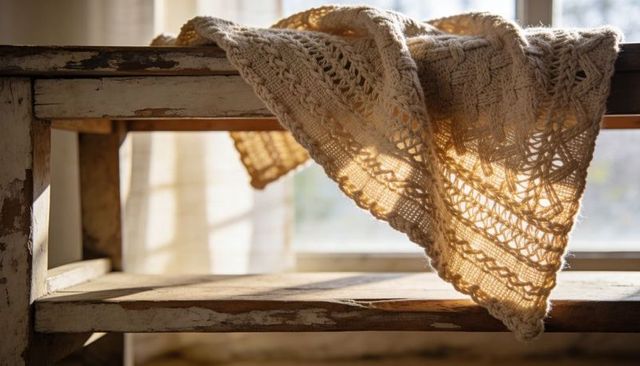 Sunlit cream knitted throw draping over worn wooden shelf casting intricate lace shadows