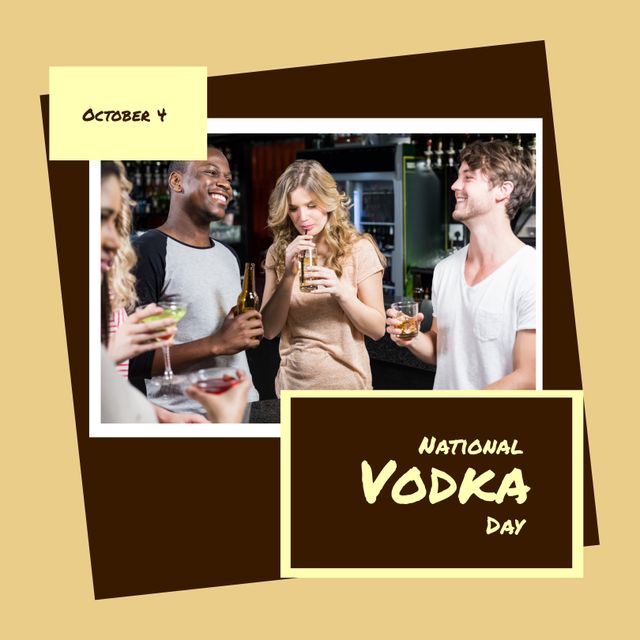 Diverse group of friends celebrating National Vodka Day, holding various drinks and smiling in a bar. Perfect for advertising social events, beverage promotions, happy hour specials, and multicultural gatherings in festive environments.