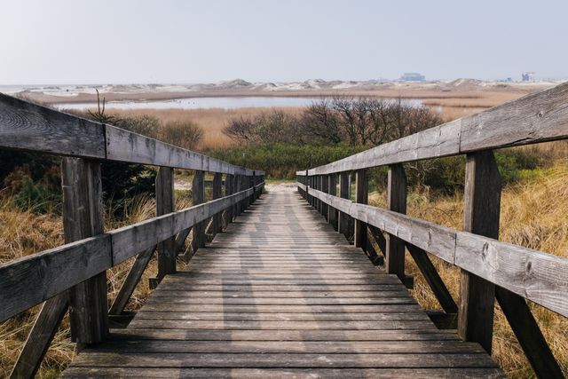 Wooden boardwalk extending towards scenic beach dunes under clear sky. Suitable for travel brochures, nature journals, websites promoting outdoor activities, and coastal tourism materials. Highlights tranquility and natural beauty of coastal landscapes.