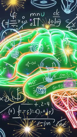 Vertical video neon brain glowing over chalkboard equations, visualizing innovation and creativity