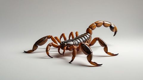 Scorpion Raising Tail on Grey Background, Dark Exoskeleton Detail