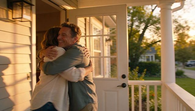 Couple reuniting with warm embrace on sunlit suburban front porch at golden hour homecoming
