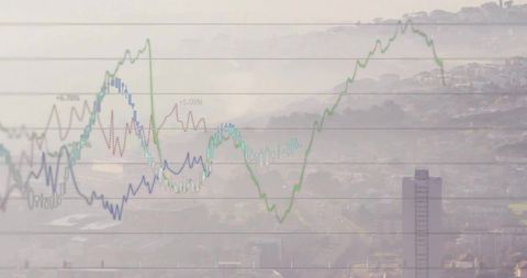 Translucent financial chart overlaying coastal cityscape with candlesticks and trend lines