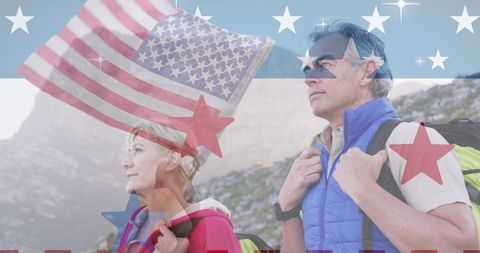 Patriotic Senior Couple Hiking with American Flag Overlay