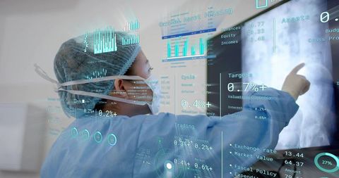 Doctor Evaluating X-ray and Financial Metrics in High-Tech Exam Room