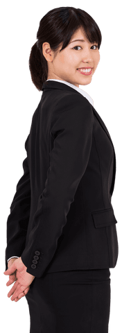 Transparent Asian Businesswoman in Black Suit Smiling