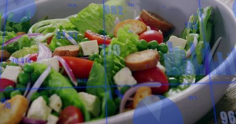 Fresh garden salad featuring blue data overlay for nutrition, wellness and food analytics