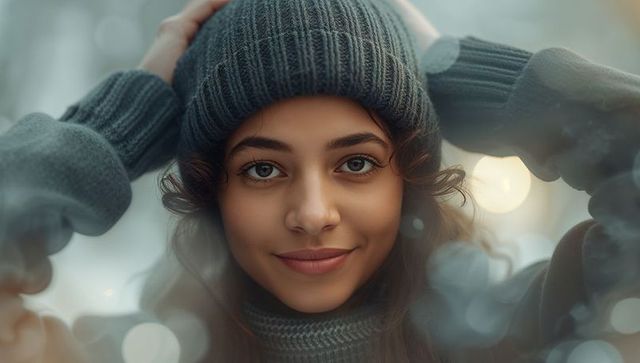 Cozy teen in winter fashion with bokeh background