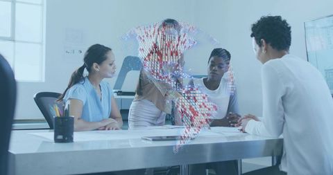 Collaborating women analyzing holographic globe during modern office team meeting