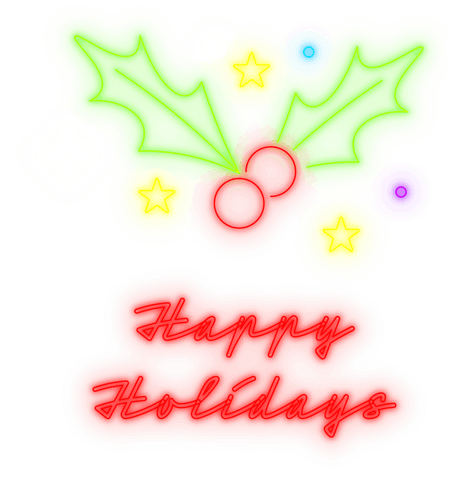 This colorful illustration features neon 'Happy Holidays' text adorned with a stylized mistletoe icon. The vibrant design is ideal for digital holiday greeting cards, festive decorations, and promotional materials. The transparent background allows seamless integration into various designs and layouts.