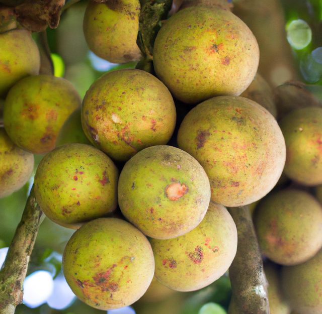 Image of close up of multiple ripe monk fruit hanging from tree on sunny day. Fruit, food and nature concept.
