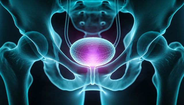 Pelvic skeleton revealing glowing urinary bladder and ureters 3D medical anatomy render
