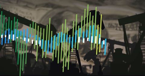 Oil Rigs with Financial Charts and US Dollar Symbolism