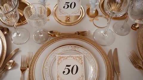 Moving camera revealing opulent gold tableware and table card 50 at elegant banquet