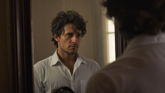 Contemplative young man reflecting in mirror holding leather jacket in warm moody interior