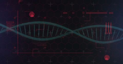 Teal DNA Double Helix HUD Running Across Dark Hex Grid with Red Holographic Interface