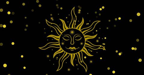 Gold Sun Face on Black with Abstract Light Patterns