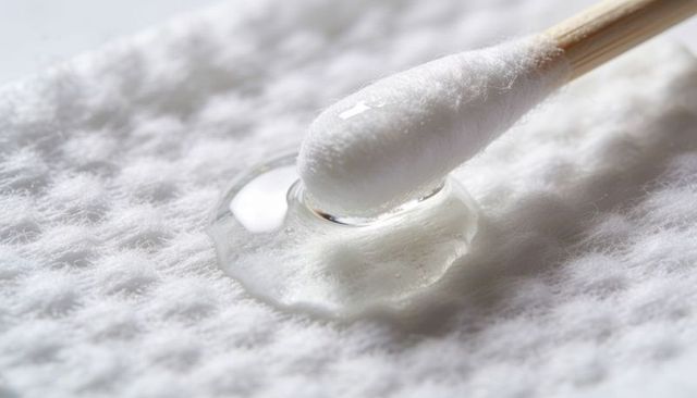 Cotton swab touching clear liquid drop on textured absorbent pad macro medical closeup