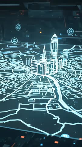 Vertical Console Projecting 3D City Hologram with Rotating Monitoring Icons for Smart City