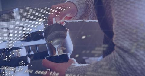 Coffee and Technology: Barista making Latte surrounded by Digital Data Elements