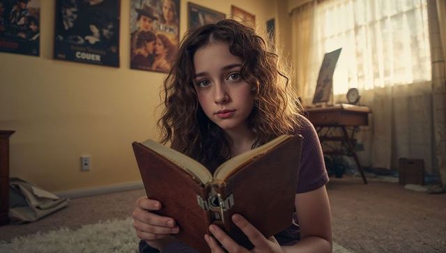 Teenage Girl Reading Locked Leather Book in Nostalgic Bedroom