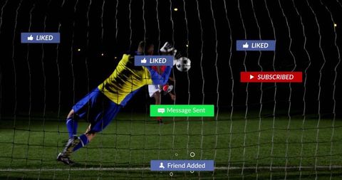 Diving goalkeeper performing dramatic night goal line save with social media badges