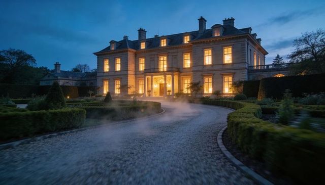 Glowing neoclassical mansion featuring lit windows, central portico and foggy curved driveway