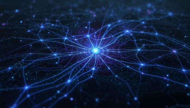 Neon Blue Neural Network Hub Pulsing Filaments Across Futuristic Digital Grid Visualization