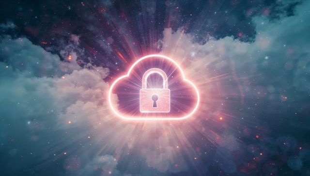Glowing Cybersecurity Cloud with Lock Amid Cosmic Background