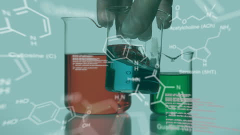 Laboratory Concepts with Chemical Formulas and Colorful Solutions