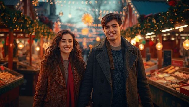Couple Strolling in Festive Holiday Market at Dusk