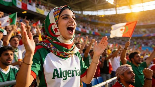 Cheering algerian fan wearing jersey and flag hijab in crowded stadium celebration