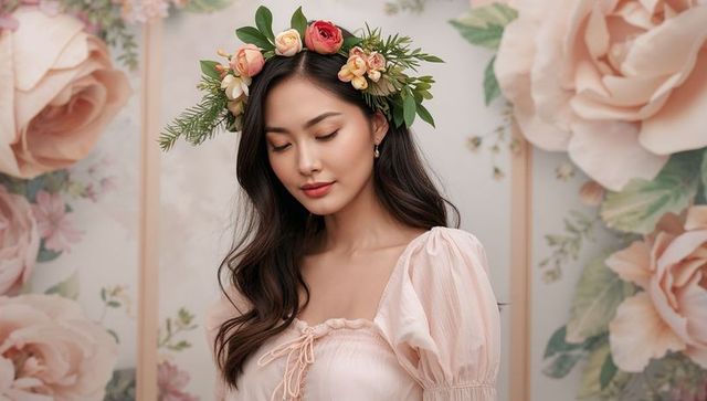 Woman in Floral Crown Posing Against Rose-Themed Backdrop