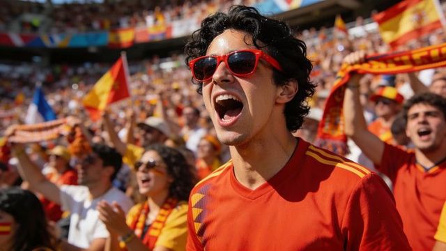 Passionate spanish football fan cheering in sunny stadium wearing red sunglasses