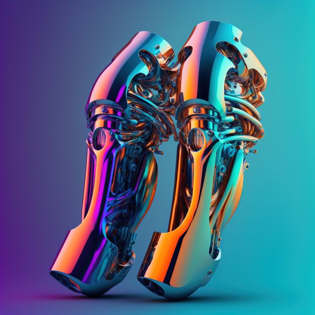 Image of cyber prosthetic of legs on blue background, created using generative ai technology. Cyber, prosthetics and future concept, digitally generated image.