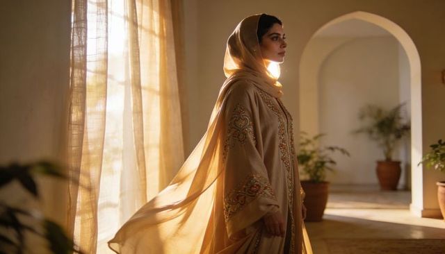 Standing woman gazing through sheer curtains in embroidered kaftan and headscarf during golden hour