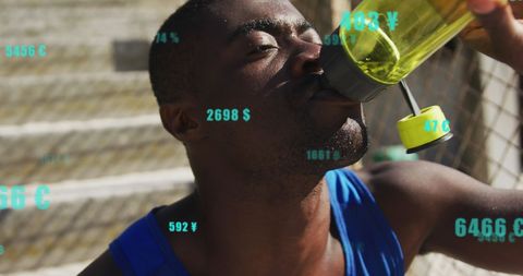 Athlete Hydrating Amid Digital Currency Overlay