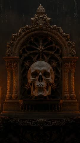 Candlelight Casting Shadows on Gothic Skull Shrine in Crypt Vertical Horror Video