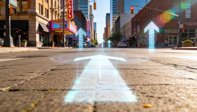 Holographic navigation arrows guiding autonomous vehicles through downtown urban street
