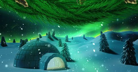 Igloo in Winter Wonderland with Northern Lights and Christmas Wreath