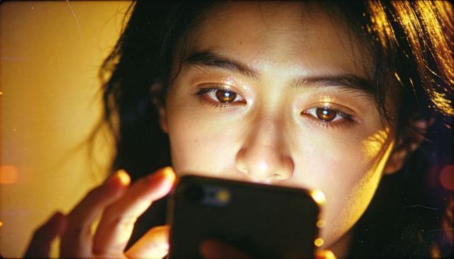 Asian teenage girl gazing at smartphone screen, scrolling in dim bedroom with warm glow