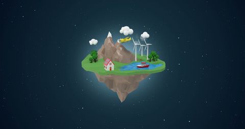 Whimsical Floating Island with Aircraft and Wind Turbines at Night