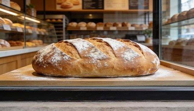 Rustic scored artisan loaf dusted with flour resting on wooden board in bakery display