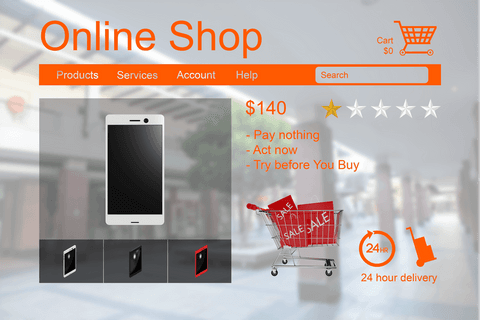 Transparent online shop interface with smartphone sale elements