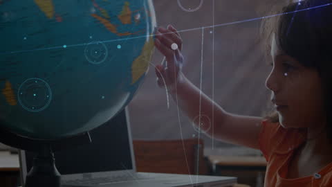 Young Student Engaging with Globe and Digital Interface