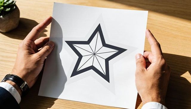 Holding geometric star print on wooden desk in sunlight with business hands and watch