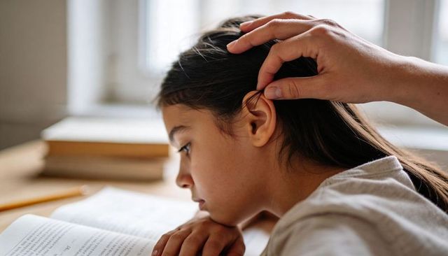 Young girl studying while caregiver tucking hair by window, focused homework moment