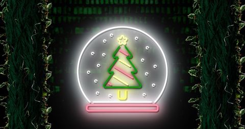 Neon Christmas Tree Snow Globe Over Festive Background - Download Free Stock Images Pikwizard.com