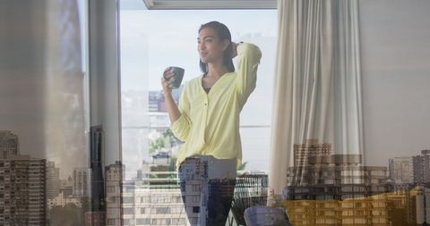 Reflective Woman Enjoying Morning Coffee Over Cityscape