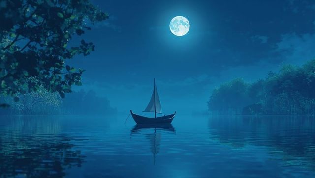 Sailboat Drifting Under Moonlit Sky on Forest Lake